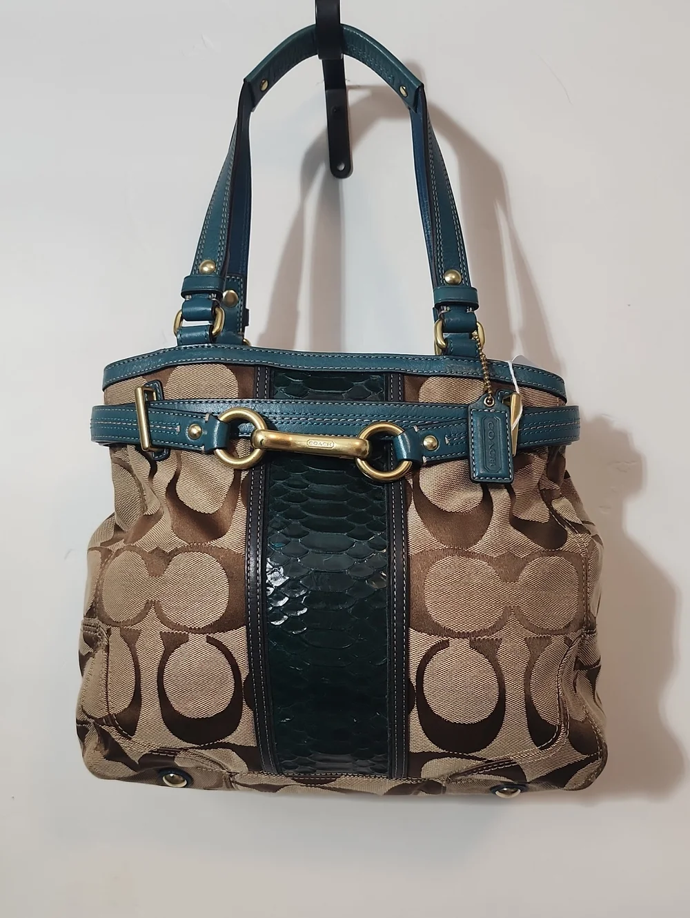 Coach Brown Signature Shoulder Bag with Teal Trim